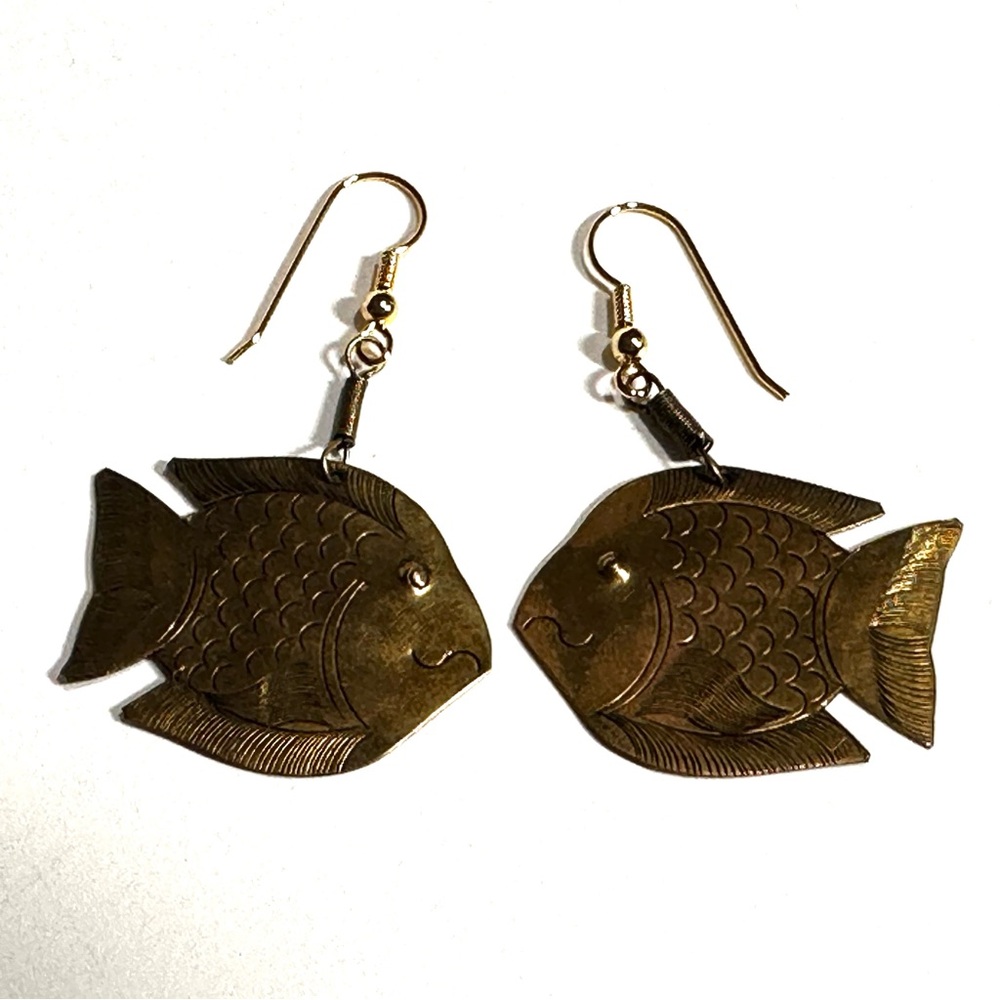 Brass Fish Dangle Earrings Elaborate Stamped Design Boho Chic Beachy Coastal